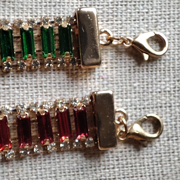 2 Guess Brand Red and Green Emerald Stones Baguette Gold Tone Y2K Bracelets - Picture 8 of 14